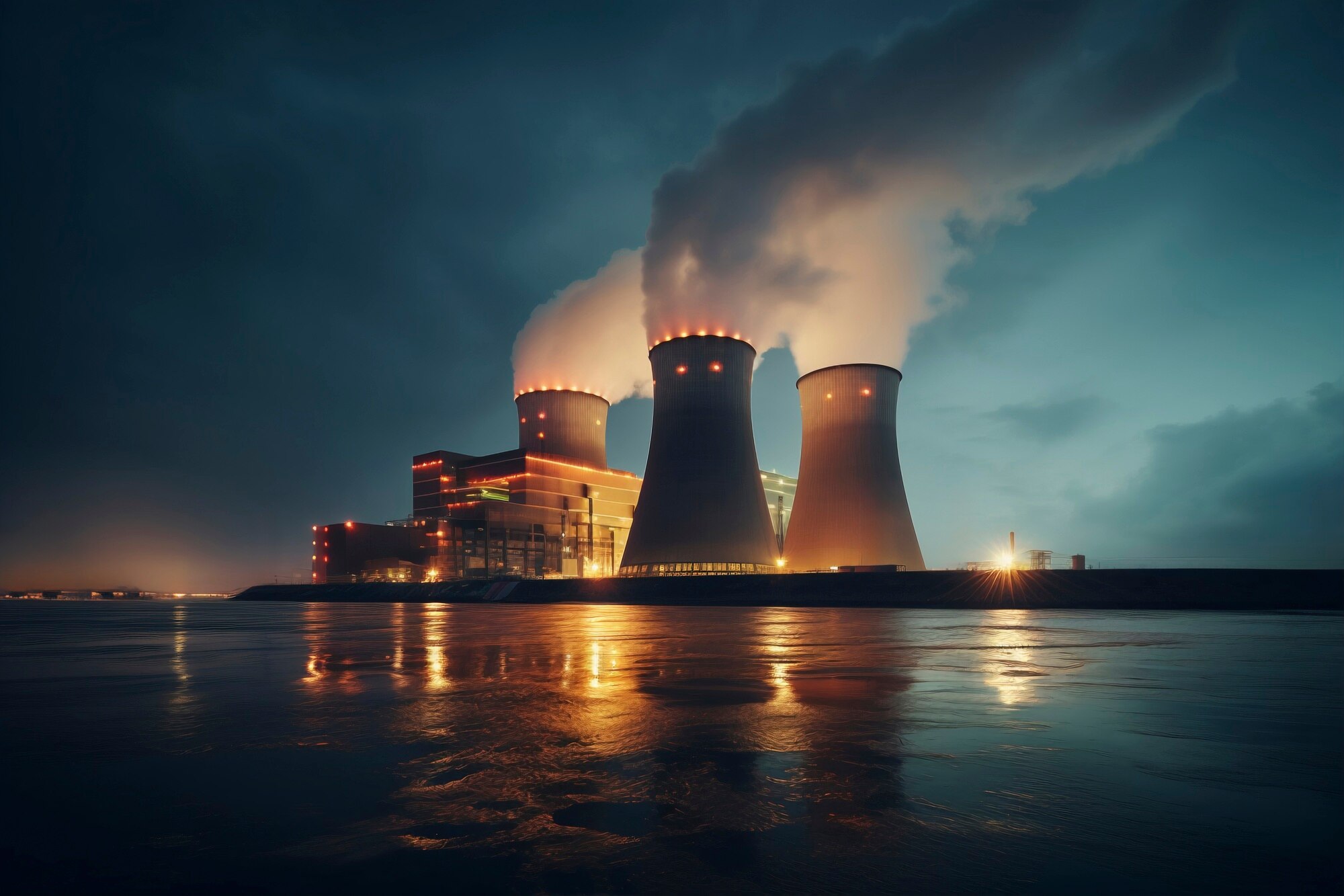 Power plant cooling towers at dusk